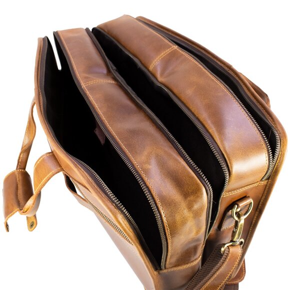 Men's Genuine Leather Vintage Weekender Bag, Briefcase Bag Satchel, Tan - Picture 9 of 15